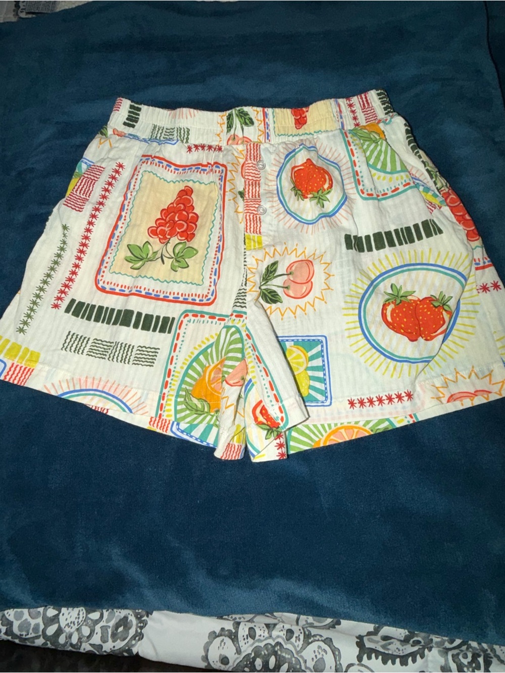 White Cotton Shorts with Multicolor Fruit & Floral Prints